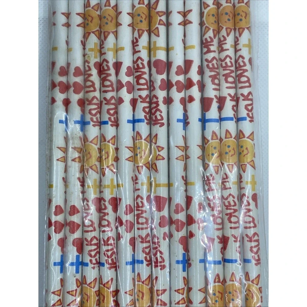 New Vintage 12ct Jesus Loves Me Wood Pencils Christian Religious Party Favors